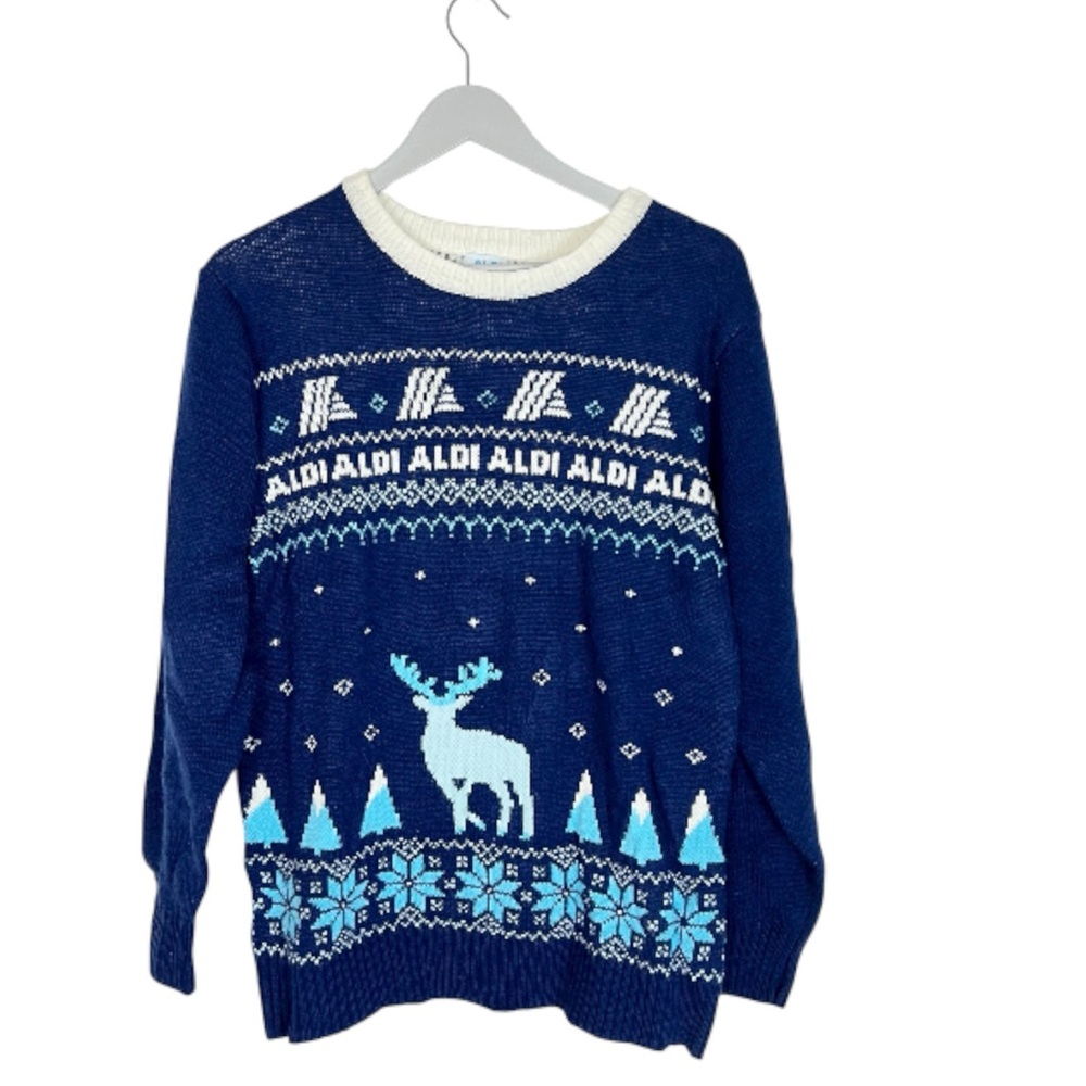 Aldi Holiday Sweater Blue Reindeer Deer 2023 Size Mens‎ Medium Womens L unisex